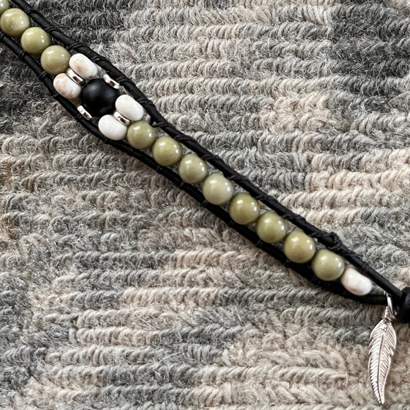 BOHO Leather Wrap Bracelet w/Olivine (Olive Jade) 6.25" - Picture 3 of 5